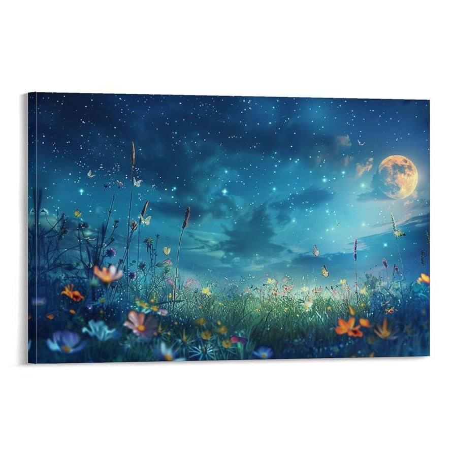 Amazon.co.jp: 絵画 美しい星空と月と夜の花畑 アートパネル